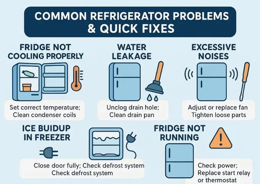 Infographic showing common refrigerator maintenance problems and quick fixes, including cooling issues, water leakage, excessive noise, ice buildup in freezer, and fridge not running.