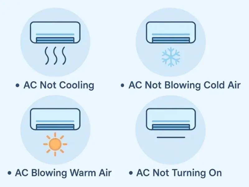Infographic showing common AC problems including not cooling, not blowing cold air, blowing warm air, and not turning on, related to emergency AC repair.