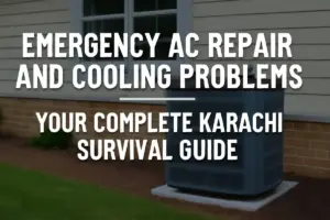 Outdoor AC unit with text overlay reading “Emergency AC Repair and Cooling Problems – Your Complete Karachi Survival Guide.
