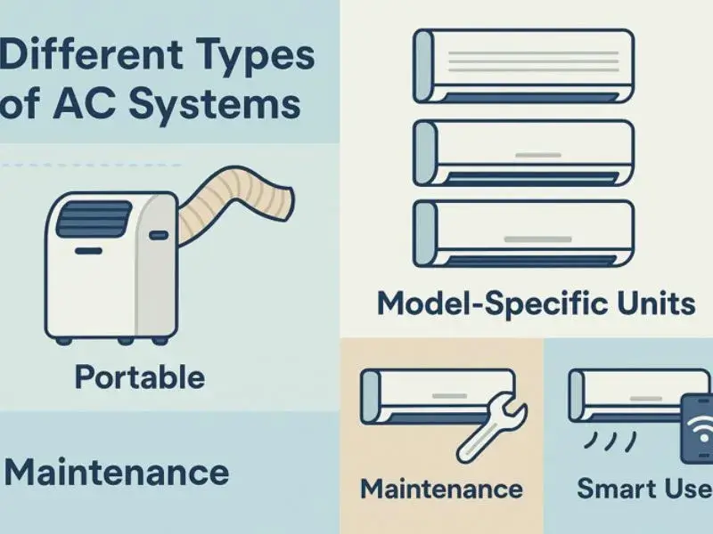 Infographic showing different types of AC systems including portable units, model-specific units, and sections on maintenance and smart use, related to emergency AC repair services.