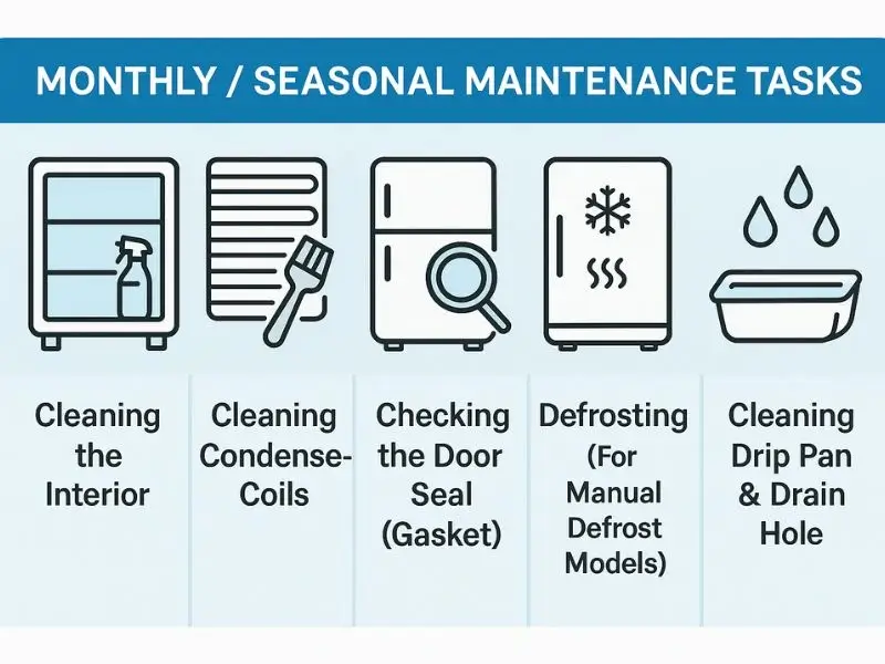 Refrigerator maintenance infographic showing cleaning the interior, condenser coils, door seal, defrosting, and cleaning the drip pan and drain hole.