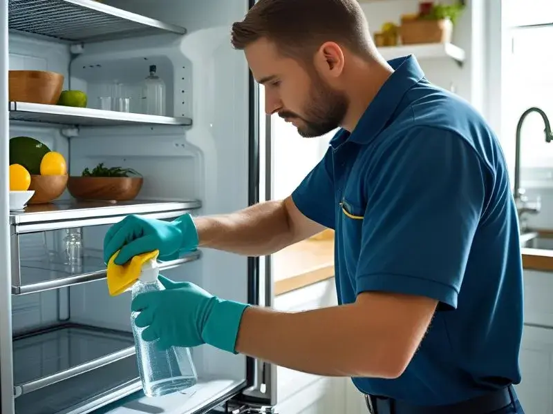 Refrigerator maintenance image showing a technician wearing gloves and cleaning the interior shelves with a spray bottle and cloth.