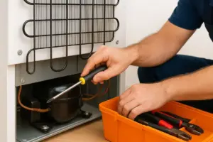 Refrigerator maintenance image showing a technician repairing condenser coils with a screwdriver.