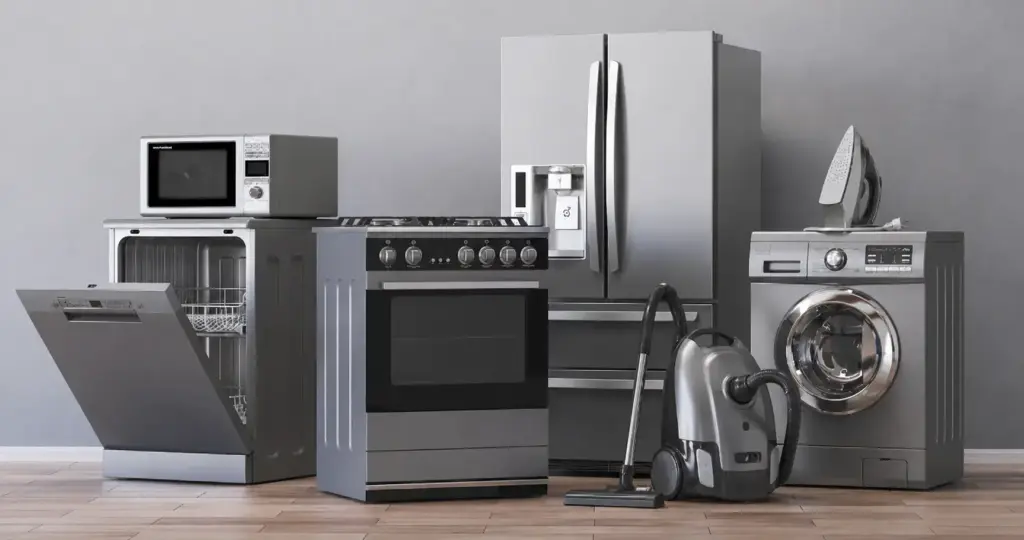 Modern home appliance repair concept featuring a refrigerator, washing machine, microwave, dishwasher, oven, vacuum cleaner, and iron arranged in a clean indoor setting.