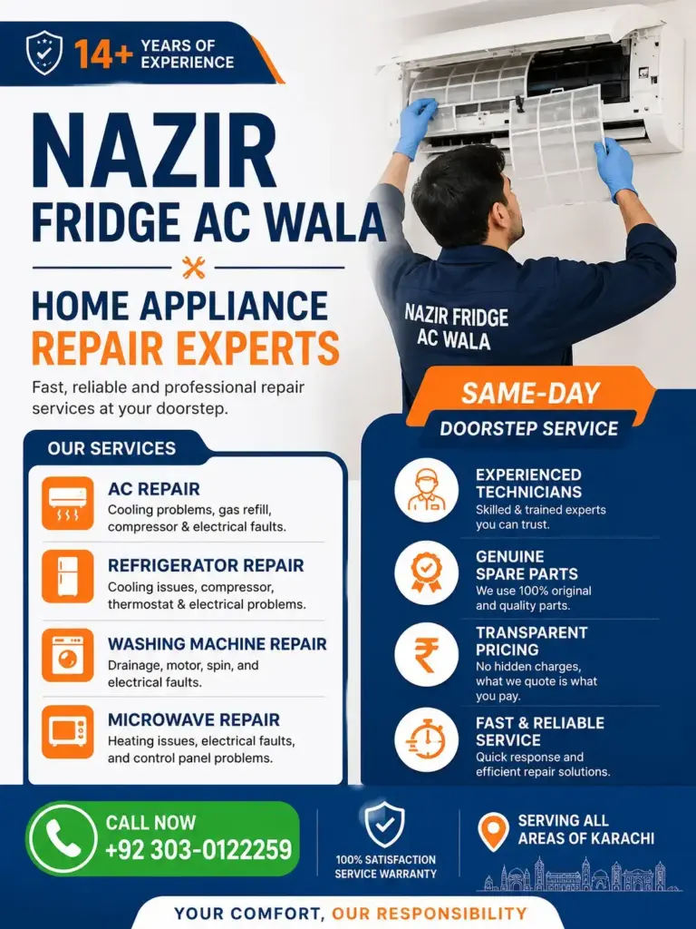 Professional technician providing home appliance repair in Karachi, including AC repair, refrigerator repair, washing machine repair, and microwave repair by Nazir Fridge AC Wala.