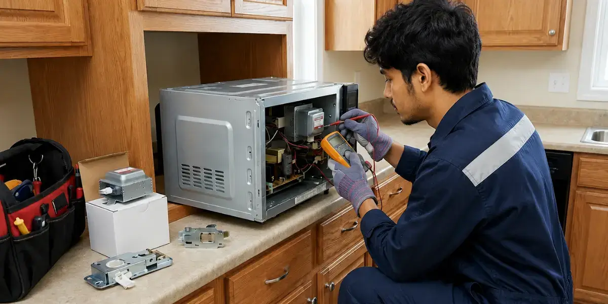 Technician performing Microwave Repair in Karachi on a microwave oven