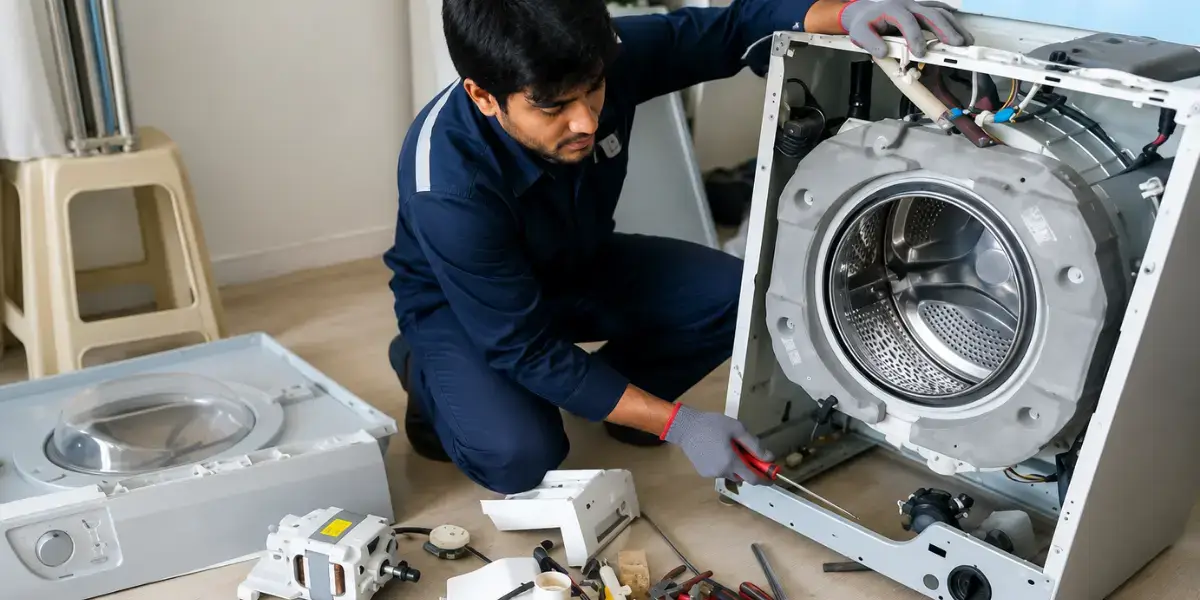 Technician performing Washing Machine Repair in Karachi on an automatic washer