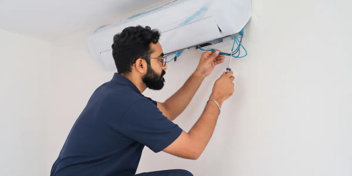 Professional technician securing electrical wiring during a safe split air conditioner installation service in Karachi.