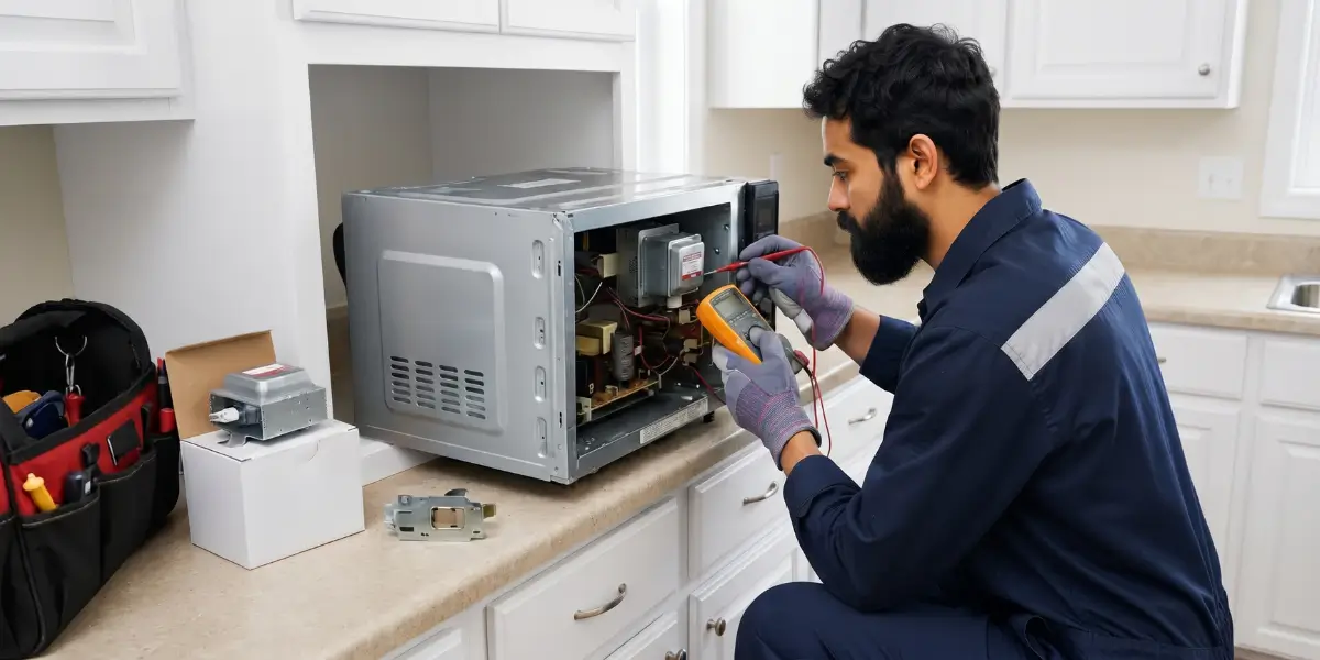 Professional technician using a digital multimeter to test internal components during a microwave oven repair service in Karachi.