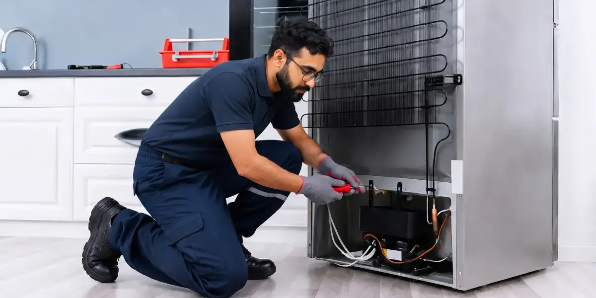 Professional technician inspecting and repairing the compressor and back panel components of a refrigerator in Karachi.