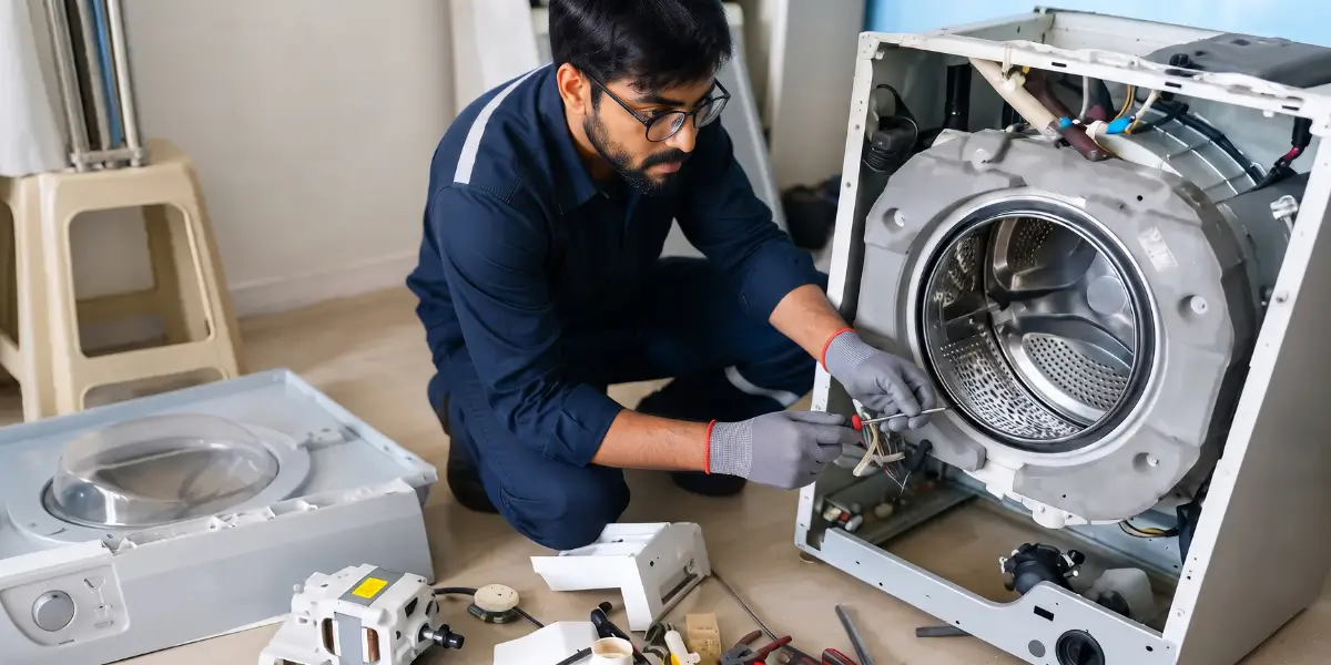 Professional technician repairing and servicing the internal drum and motor components of an automatic washing machine in Karachi.