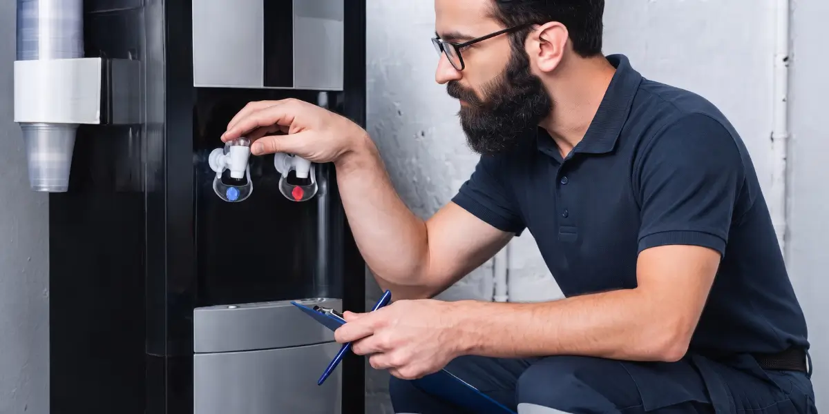 Professional technician inspecting and servicing a hot and cold water dispenser tap in Karachi.