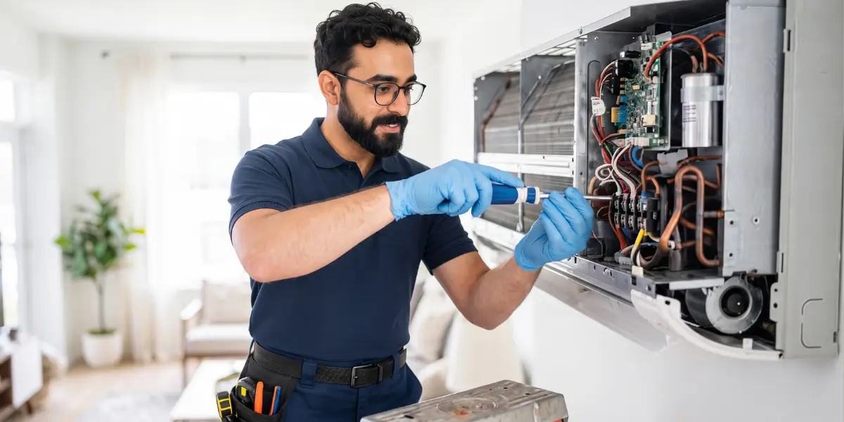 Expert technician diagnosing and fixing internal electrical wiring and components during an AC repair service in Karachi.