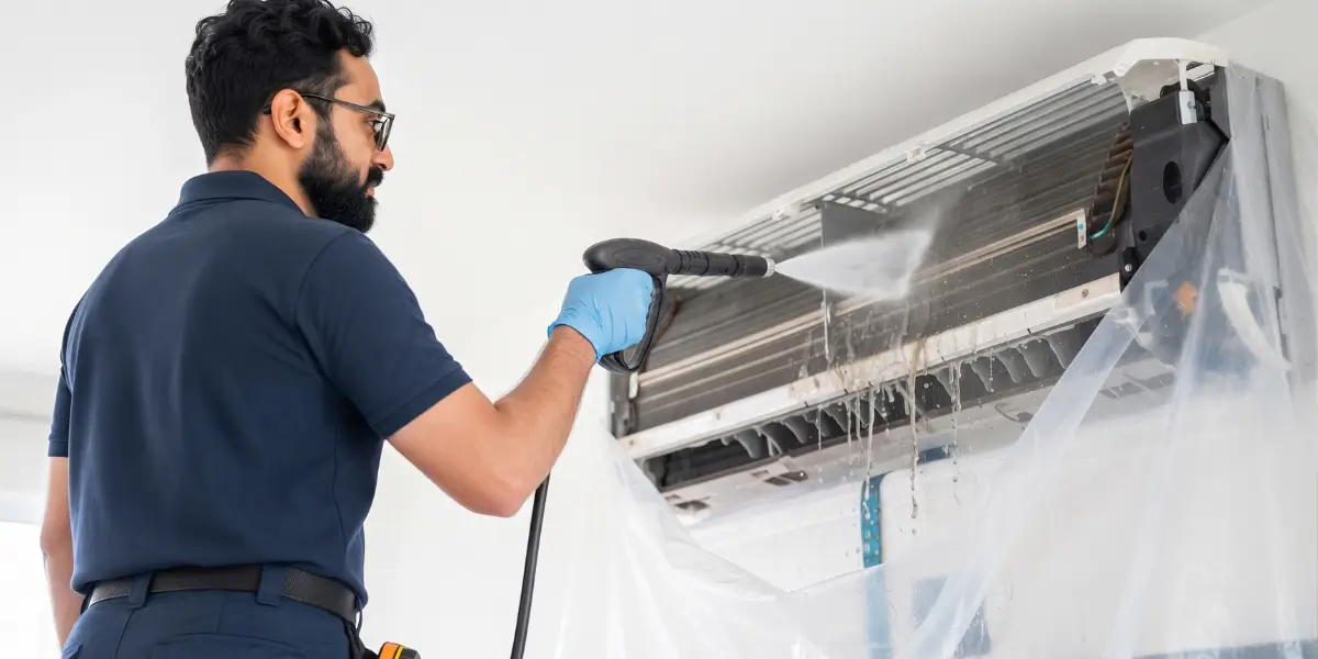 Expert technician performing professional AC service in Karachi using high-pressure water jet cleaning on a split air conditioner.