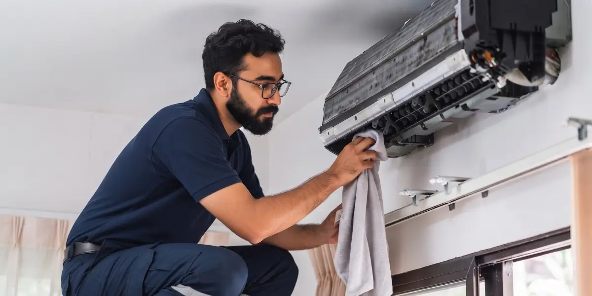 Professional technician performing routine AC maintenance and coil cleaning for a split air conditioner in Karachi.